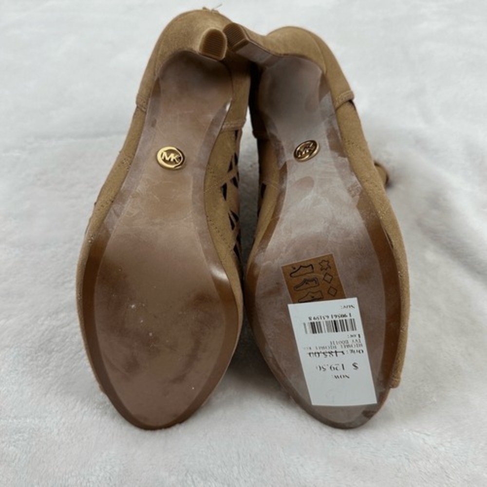 Michael Kors Womens 7.5 Tan Suede Laser Cut Peep Toe Stiletto Ankle Boots - Picture 9 of 10